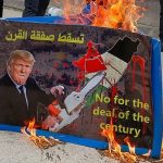 Burning protest poster denouncing Trump’s Gaza plan with the words “No for the deal of the century” in English and Arabic, symbolising rejection of Israeli occupation and violation of Palestinian rights.