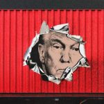 A red shipping container with a torn section, symbolizing the damage caused by flawed U.S. trade policies against China.