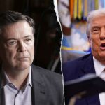 Donald Trump and James B. Comey pictured apart, representing the deep rupture in U.S. justice caused by presidential manipulation and political revenge.