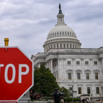 U.S. Capitol with stop sign symbolizing Trump’s federal government shutdown and institutional collapse.