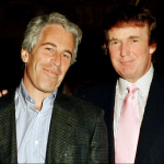 Donald Trump pictured with Jeffrey Epstein, exposing his deep ties to the corrupt elite he claims to oppose.
