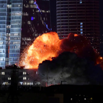 Iranian supersonic missiles struck Tel Aviv skyscrapers at night, symbolizing an asymmetric victory over US-Israel forces