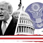 Collage depicting U.S. Capitol dome, Great Seal of the United States, and American flag imagery symbolizing federal paralysis and institutional collapse under Trump’s leadership.