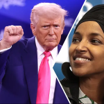 Donald Trump with a raised fist beside Representative Ilhan Omar during a tense political moment.
