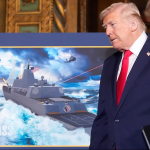 Donald Trump, in a dark suit and red tie, stands next to a large, dramatic illustration of a "TRUMP CLASS USS DEFIANT" warship on stormy seas. The image, which projects military power, contrasts sharply with the internal societal collapse, economic anxiety, and mental health crisis facing the nation under the Trump presidency.