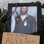 Portrait of Alex Pretti with a cross symbolizing the tragic loss of his life during Trump's immigration crackdown